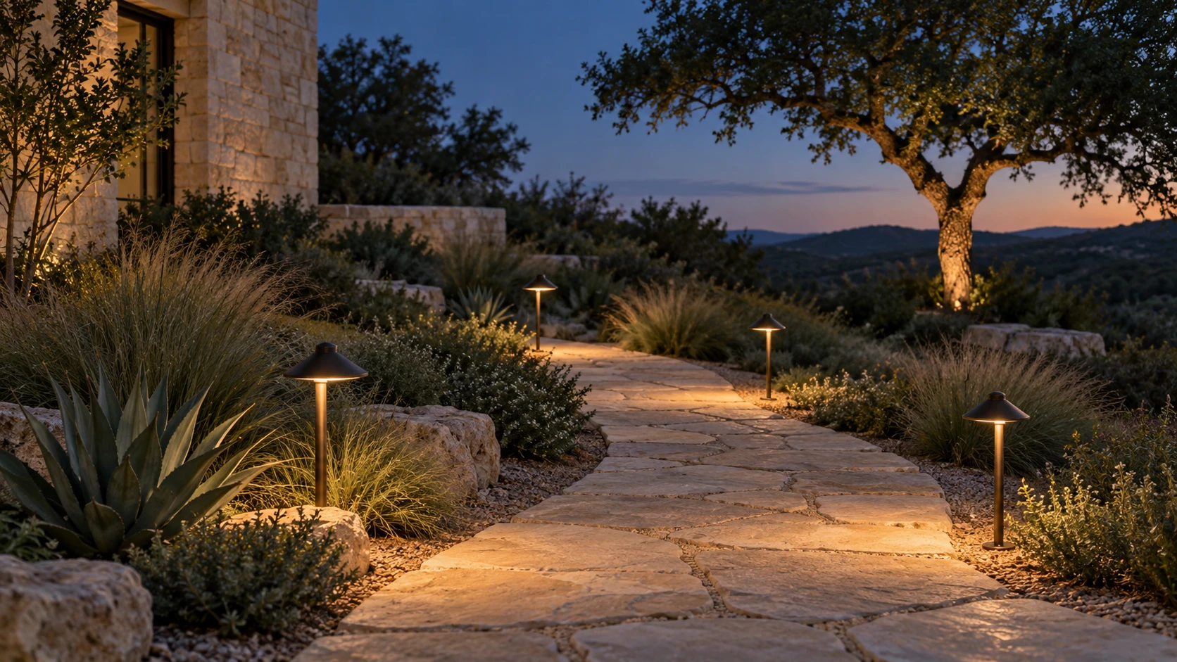 Illustration of discreet path lights illuminating a limestone garden path